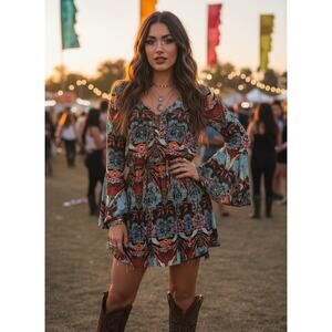 Kenneth Cole Floral Boho Lace Up Dress